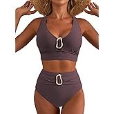 Herseas Women's High Waisted Bikini Sets Crisscross Back Swimsuit V Neck Metal Ring 2026 Summer Bathing Suit Beachwear