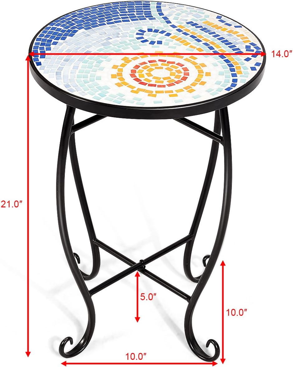 Giantex Mosaic Round Side Accent Table Patio Plant Stand Porch Beach Theme Balcony Back Deck Pool Decor Metal Cobalt Glass Top Indoor Outdoor Coffee End Table(Navy): Garden & Outdoor