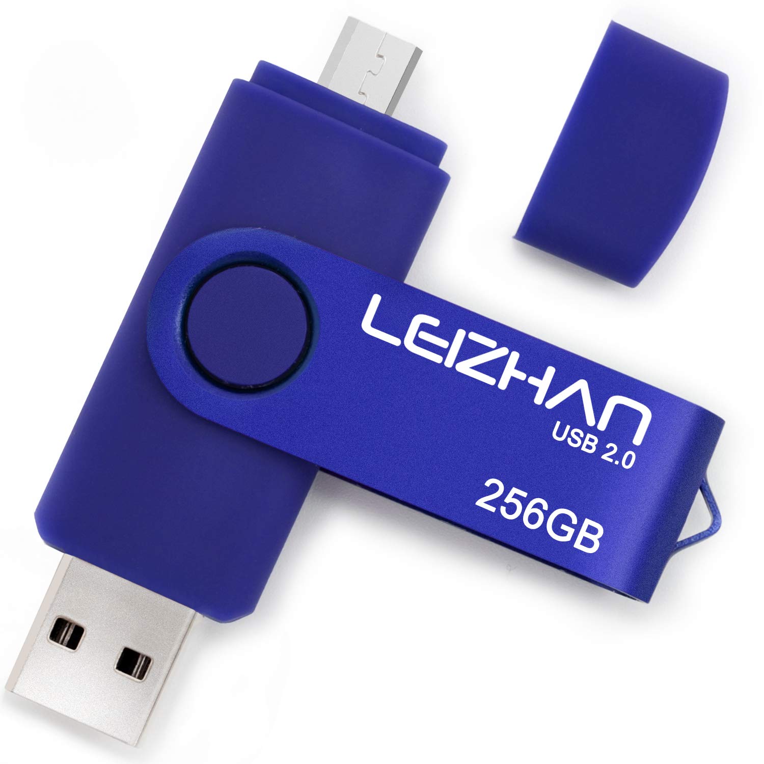 LEIZHAN 256GB Memory Stick USB Dual Port(USB 2.0 & Micro USB) Rotabable Pen Drive 2 in 1 USB flash Drive for Android Smartphones & Tablets & Laptops PC (Blue)