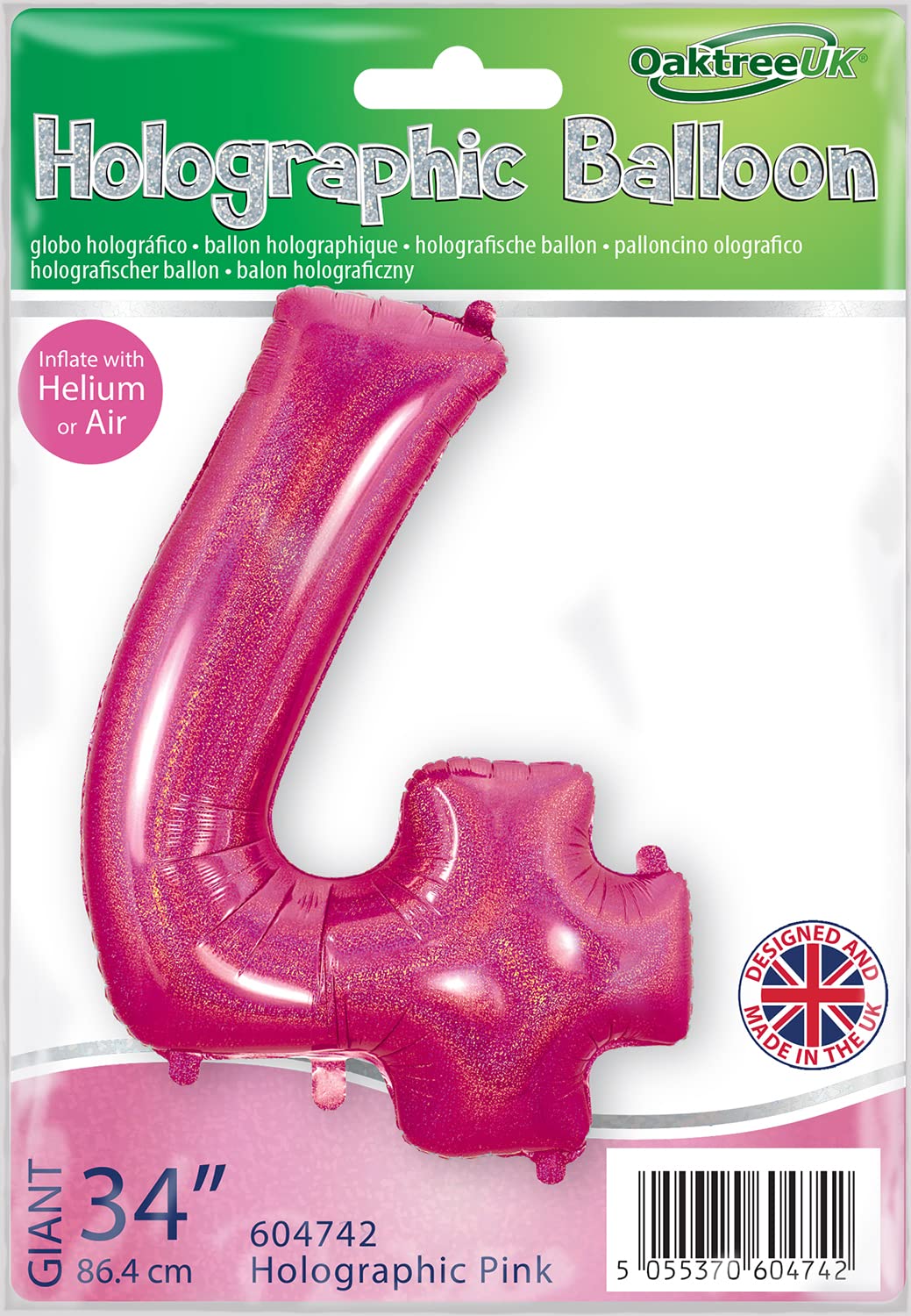 Oaktree 34" Number 4 Holographic Pink Foil Balloon - 604742