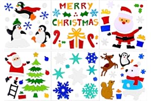 JOICEE 6pcs Christmas Gel Window Clings - Xmas Santa Claus Snowman Snowflake Penguin Christmas Tree Gift Window Stickers for Kids