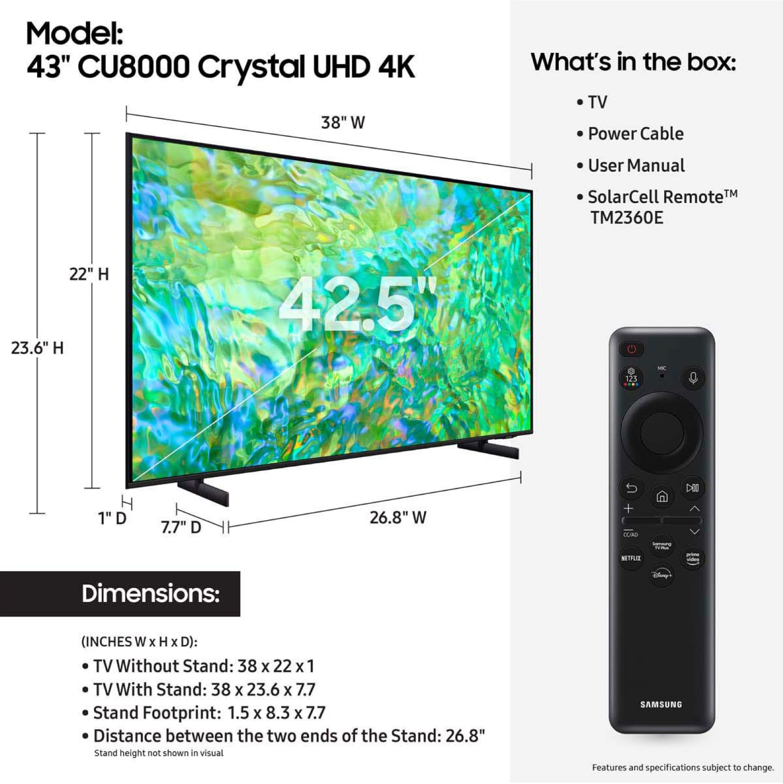 SAMSUNG 43-Inch Class Crystal UHD 4K CU8000 Series PurColor, Object Tracking Sound Lite, Q-Symphony, Motion Xcelerator, Ultra Slim, Solar Remote, Smart TV with Alexa Built-in (UN43CU8000, 2023 Model)