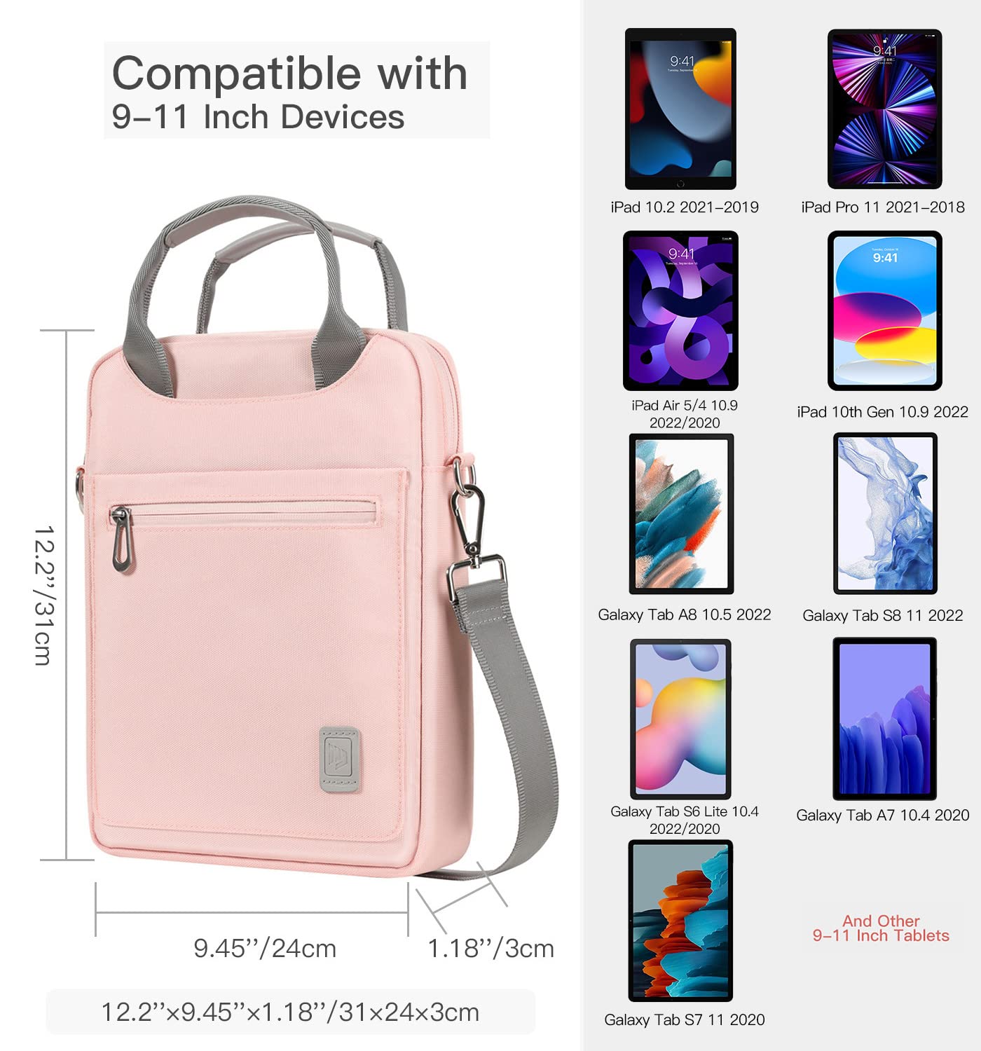 9-11 Inch Tablet Sleeve Carrying Bag for iPad Pro 11 2022-2018, iPad Air 5th/4th 10.9, iPad 10.2 9th/8th/7th, iPad 10th Gen 10.9, Galaxy Tab A8/S8/S6 Lite, with Shoulder Strap & Pockets, Pink