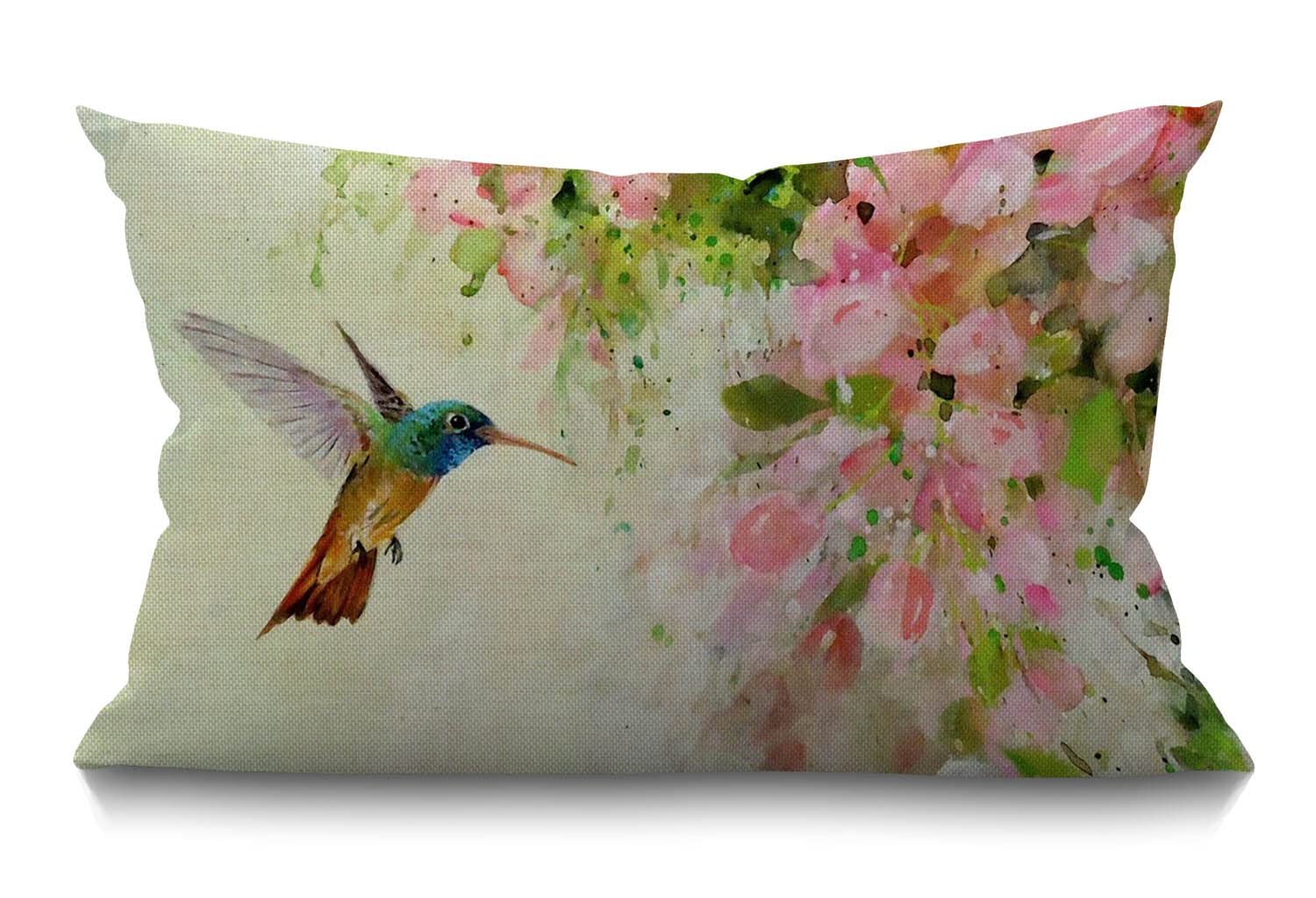 BGBDEIA Hummingbird Cushion Cover Lovely Hummingbird and Pink Flowers Oil Painting Art Cotton Linen Decorative Rectangular Throw Pillow Cover Pillowcase for Sofa and Bed Couch 12"X20" 30 x 50 cm