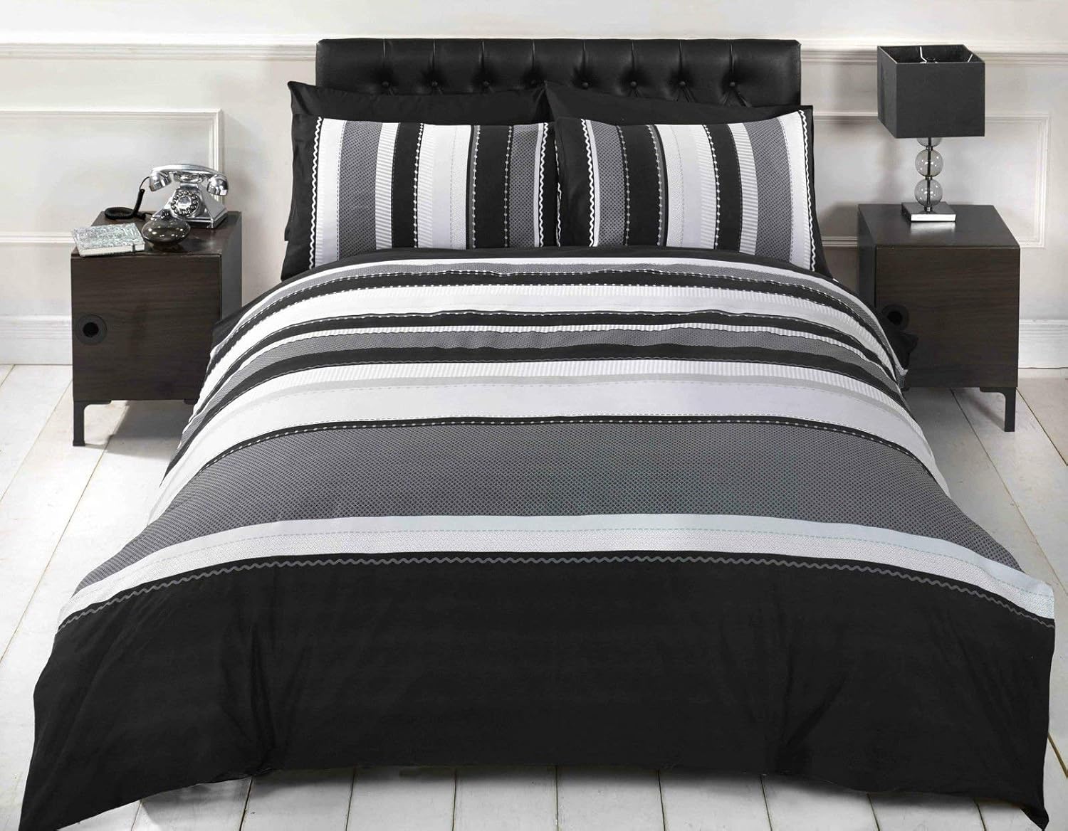 Signature Striped Grey King Quilt Duvet Cover & 2 Pillowcase Bed Set Adults Teenagers, Cotton and Polyester