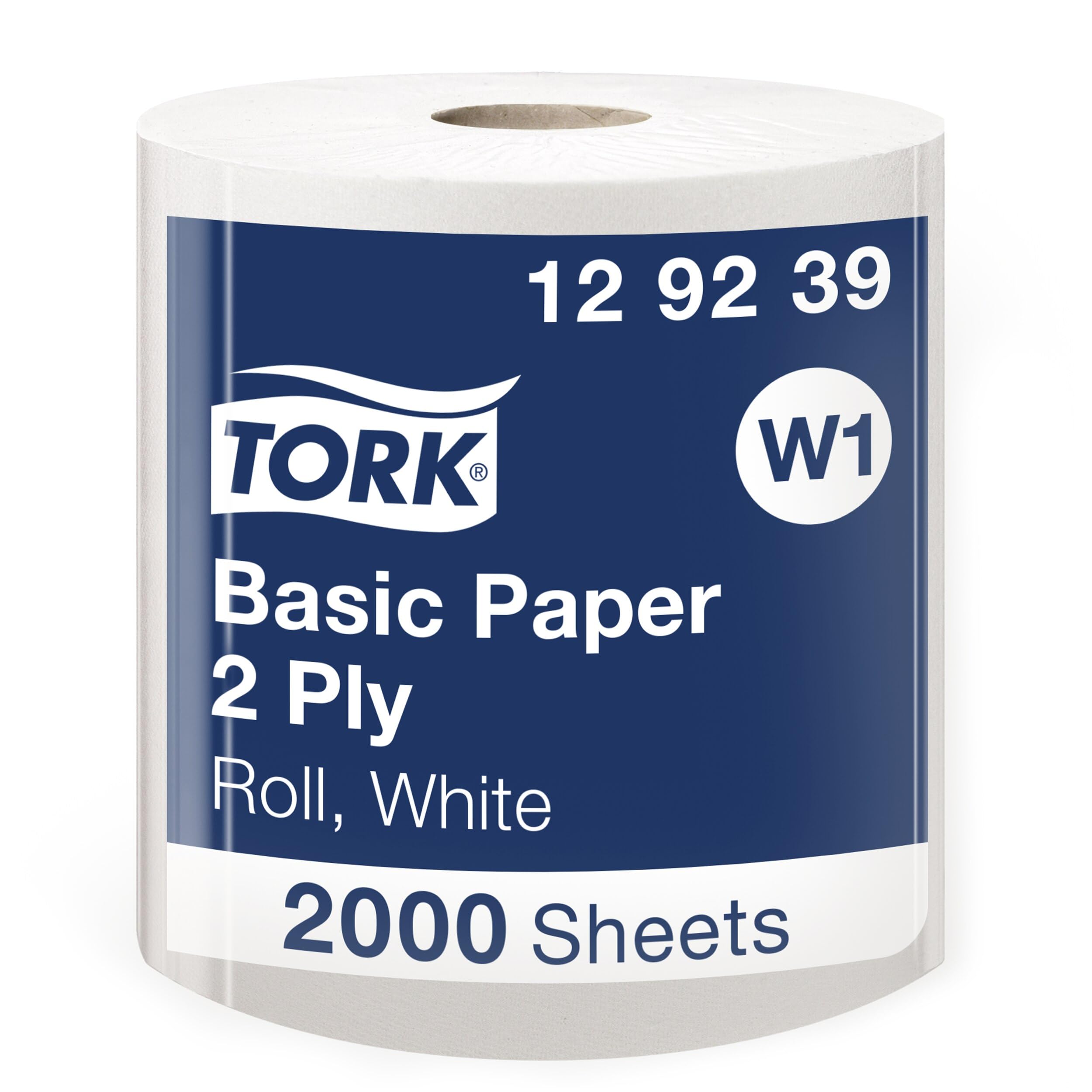 Tork 129239 Basic Paper 2 Ply / Absorbent, Recycled Paper Roll Suitable for Tork W1 Wipers Wall/Floor/Standard System / White / 1 x 680m / Ø 38.5cm