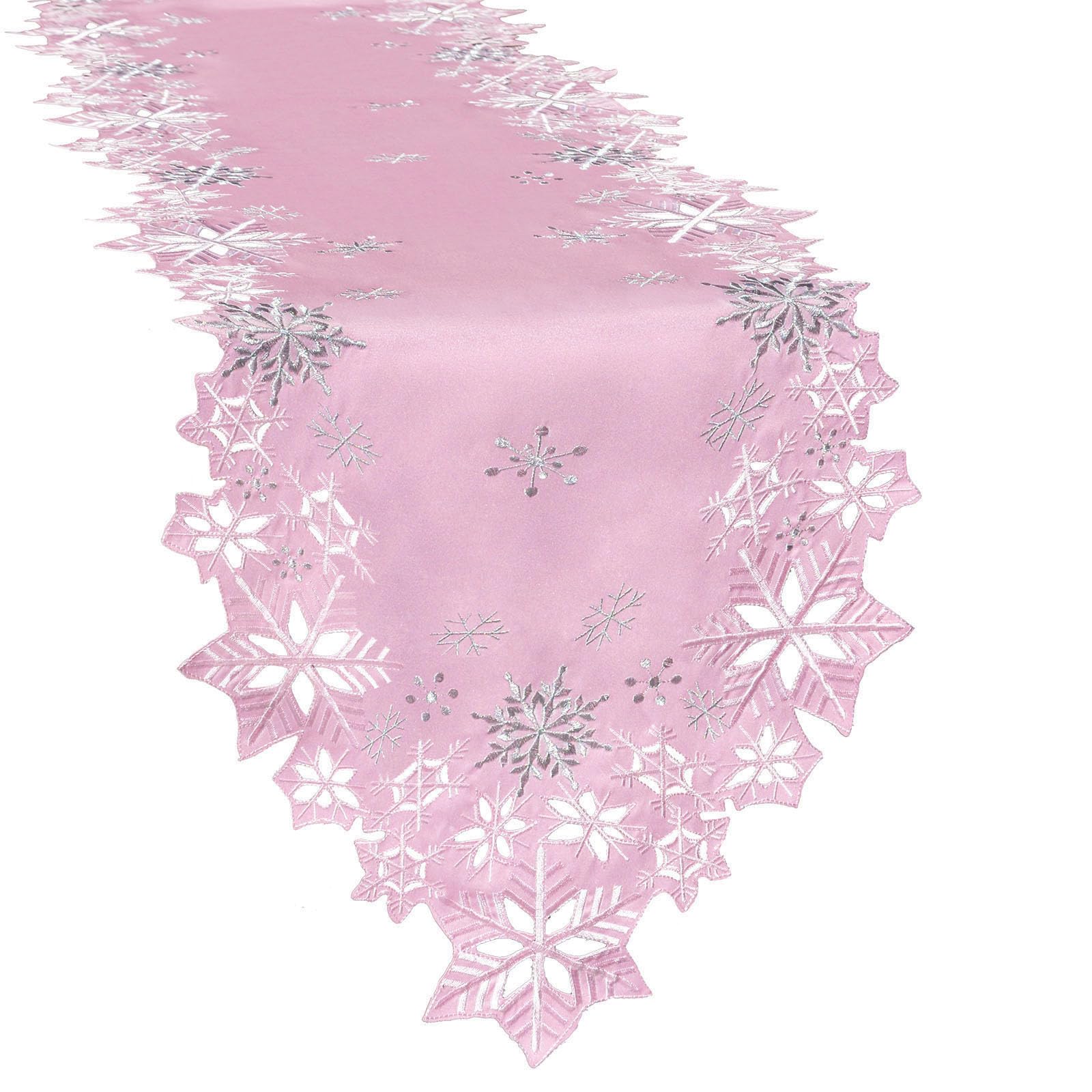 Simhomsen Embroidered Pink Snowflakes Table Runners for Christmas Holiday and Winter (Pink, 14×69 inches)