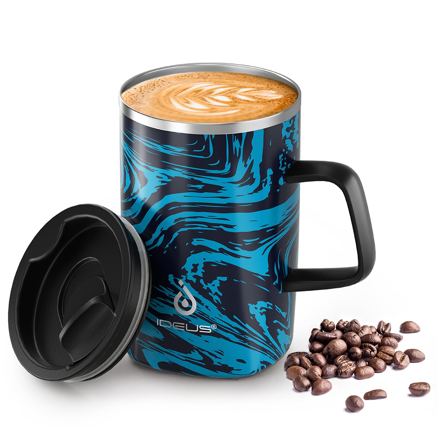 Ideus Vacuum Insulated Coffee Mug, 16oz Reusable Stainless Steel Thermal Double Walled Cup with Handle and Slider Lid for Hot & Cold Beverages, BPA Free (Blue Zebra-Fuji SNOWGLOW)