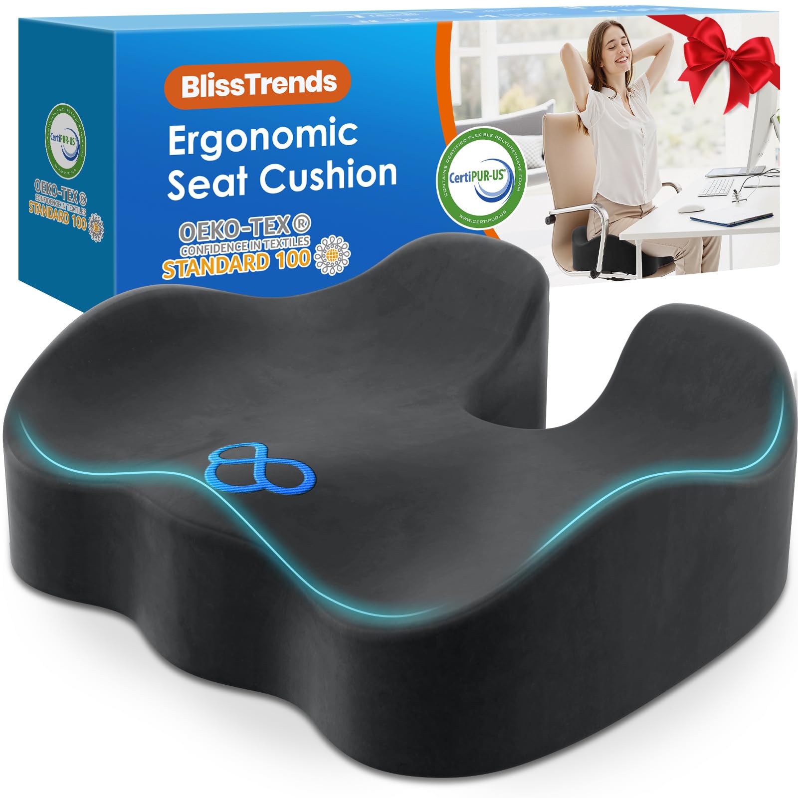 BlissTrends Memory Foam Seat Cushion for Office Chair & Car Seat, Grey