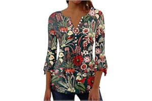 DOUBLELIFT Womens Tops 3/4 Length Sleeves Tunic Vintage Graphic Tees Boho Blouses for Women Casual Floral Print Womens Shirts