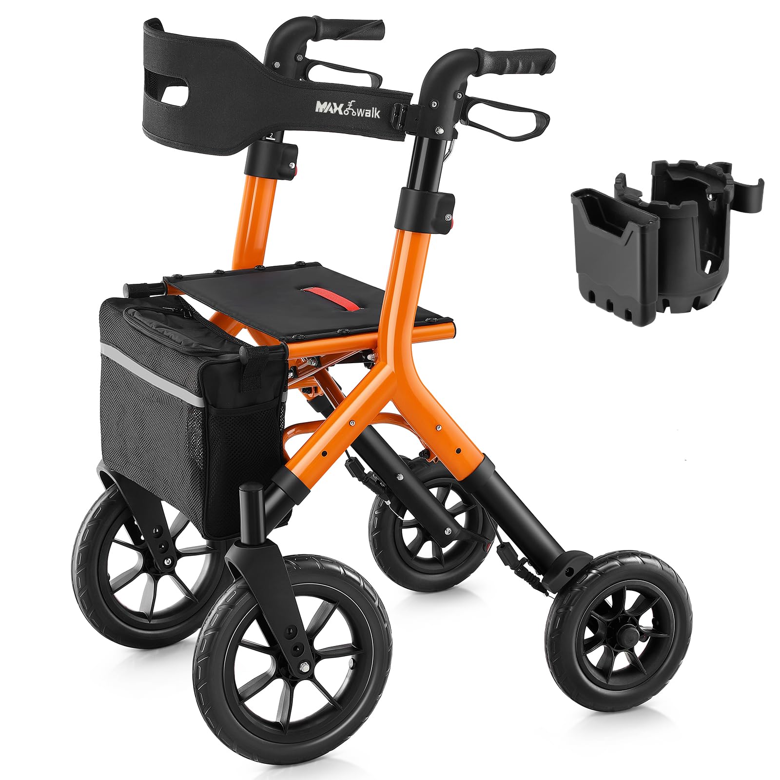 Photo 1 of MAXWALK Rollator Walker with Seat, Tall Walkers for Seniors, 12" Big Rubber Wheels All Terrain Rollator Walker with Backrest, Built-in Cable, Foldable and Dual Adjustable Height for 5.3-7ft, Orange