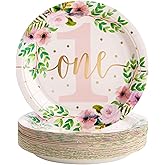 48-Pack Floral Paper Plates for Baby Girls 1st Birthday Decorations for Girl, One Birthday Plates, and Party Supplies for Floral Themed Celebration (9 in)