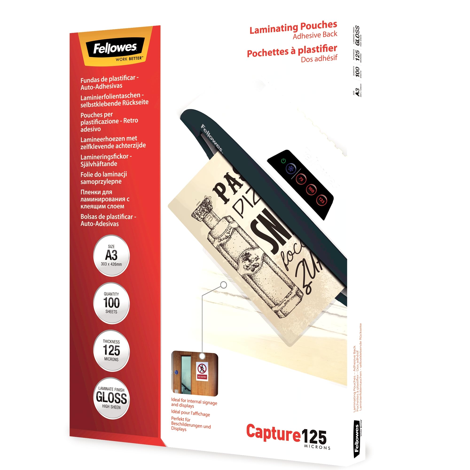 Fellowes Peel and Stick Pouches Adhesive Back, 125 Micron, A3