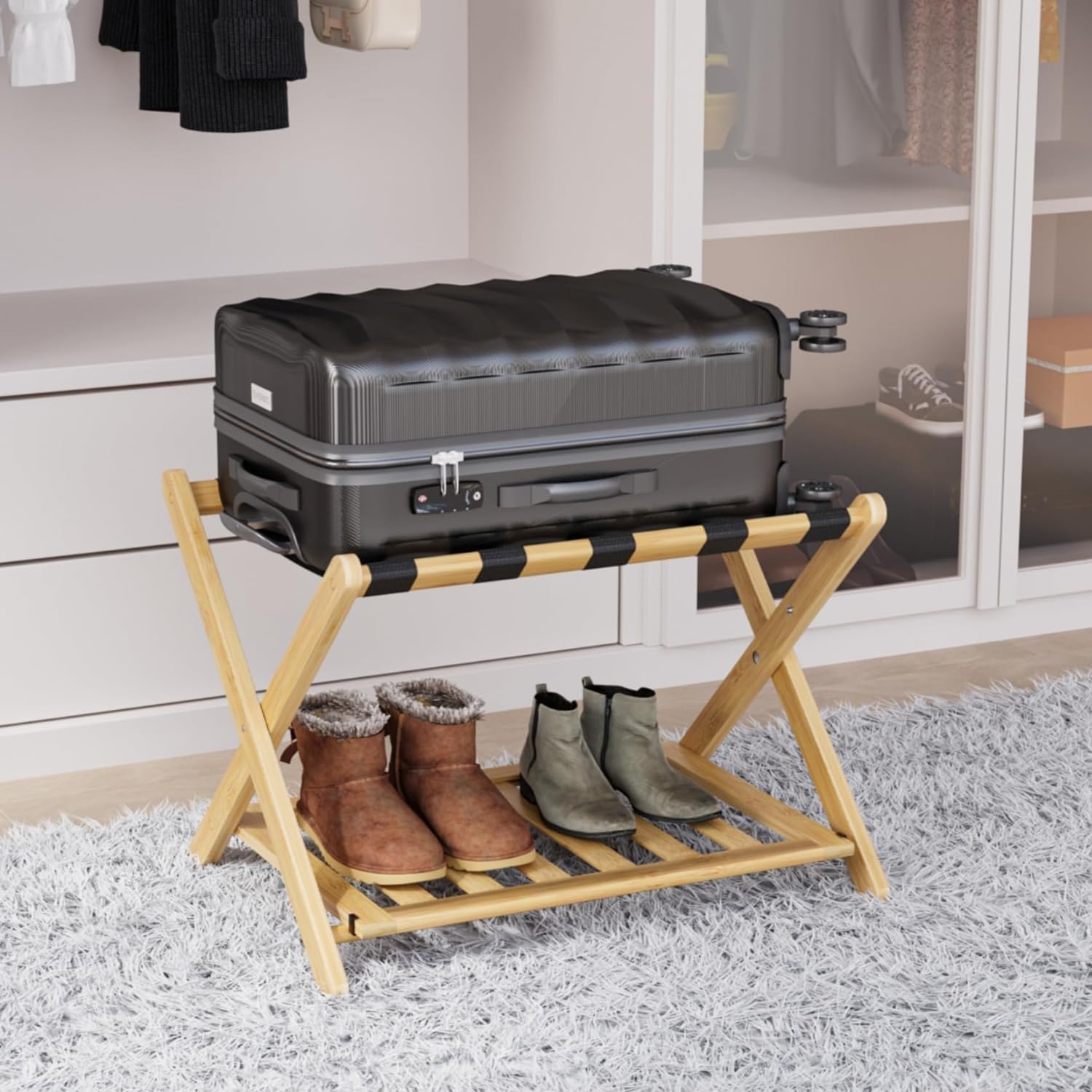 Photo 1 of ***(PARTS ONLY/ MAJOR DAMAGE/ NON FUNCTIONAL)***Smart FENDEE Fully Assembled Bamboo Luggage Rack, Heavy Duty Folding Suitcase Stand with Storage Shelf, Guest Room Essentials, Ideal for Bedroom, Hotel, Natural