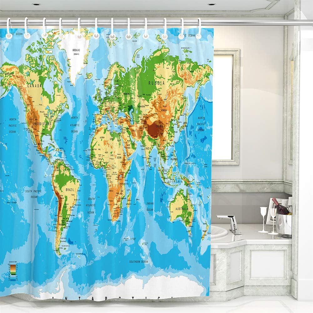 BQEE Shower Curtain Durable Fabric Bath Curtain Waterproof Odorless for Bathroom Machine Washable (Map)