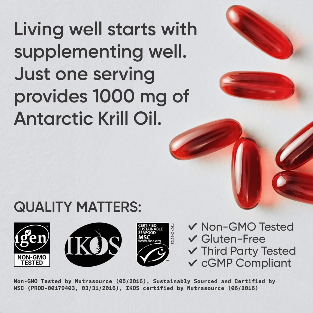 Sports Research® Omega-3 Krill Oil 1000mg - Double Strength Antarctic Fish Oil Supplement w/Astaxanthin, Phospholipids & Choline - MSC Certified Sustainable · Non-GMO · Gluten Free - 60 Softgels
