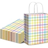Paterr 24 Pcs Pastel Plaid Paper Gift Bags Spring Gingham Party Favor Bags Colorful Checkered Goodie for Pastel Spring Easter Party Supplies Decoration, 8.3" x 5.9" x 3.1"