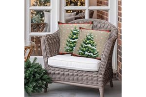 YOKOU Outdoor Waterproof Throw Pillow Covers, Christmas Trees Winter Snowflake Green Red Tartan Plaid Vintage Burlap Pattern Pillowcases Cushion Covers Cases for Patio Couch Bench, Pack of 2, 16X16 Inch