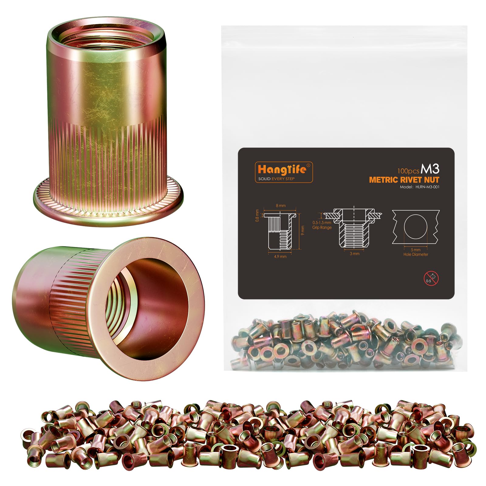 HANGLIFE Rivet Nut, M3 Metric Rivnut - Flat Head Nutserts, Zinc Plated Carbon Steel Knurled Body Threaded Insert Nuts, 100 Pieces