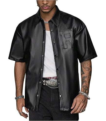 OYOANGLE Men's PU Leather Button Down Shirts Long Sleeve Collared Neck Party Top Clubwear Black Medium : Clothing, Shoes & Jewelry