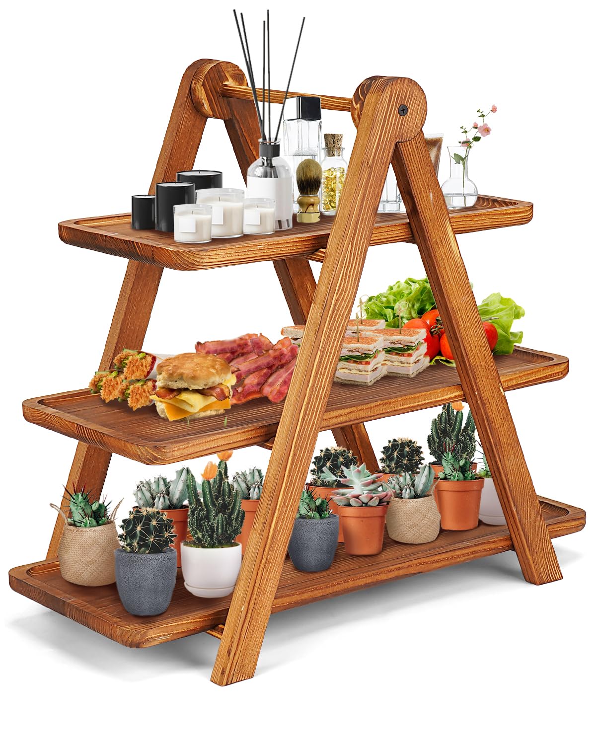 Manspdier Extra Large Wood 3 Tier Serving Tray Three Tiered Cupcake Stand, Rectangle Serving Platter Wooden Farmhouse Tiered Tray, Party Serving Brown Decorative Tray Decor Image