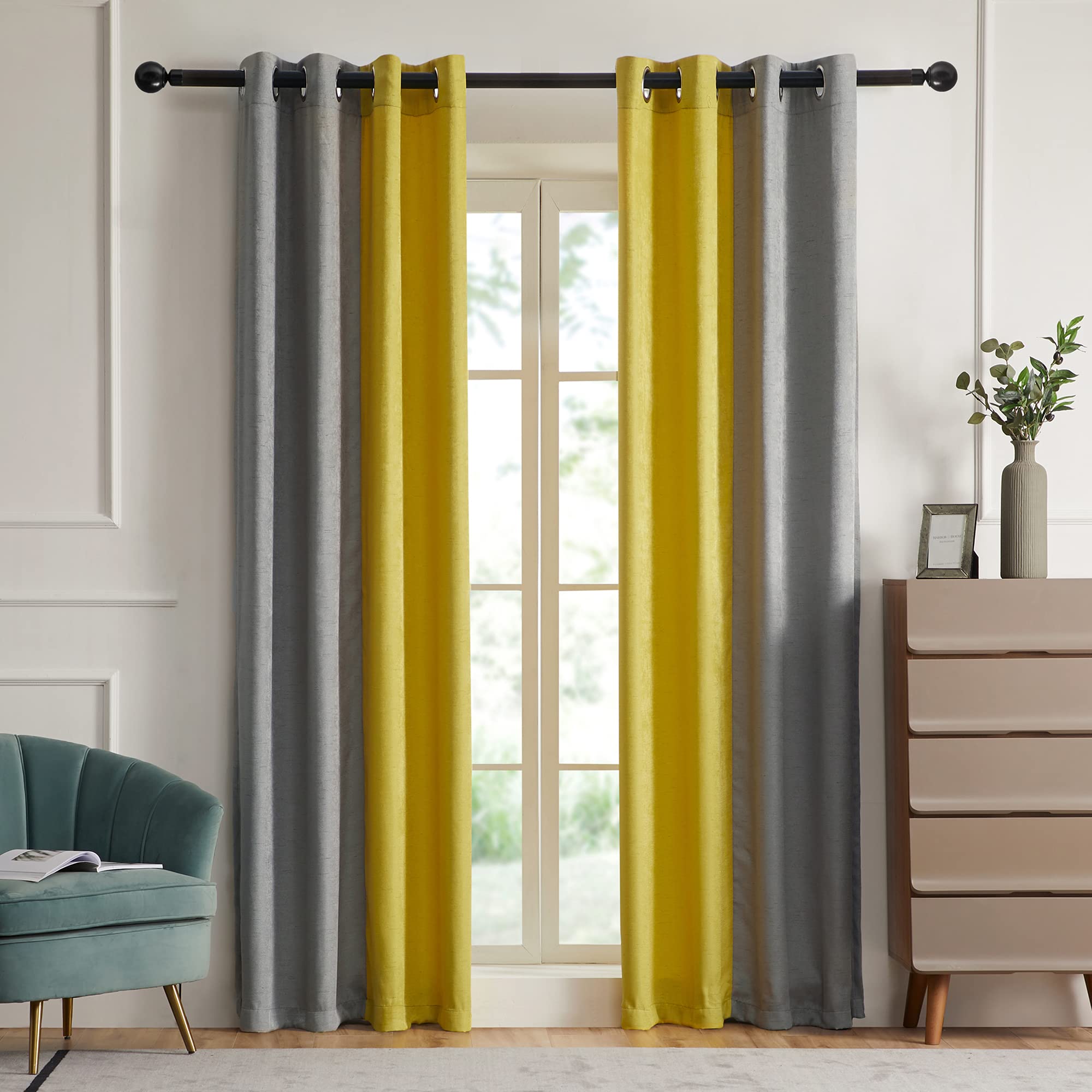 PRIMROSE Blackout Curtains for Living Room Thermal Insulated Room Darkening Ombre Curtains Window Drapes for Bedroom Grommet Grey Yellow 84 inch Long 2 Panels