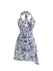 BEAUDRM Women's Floral Print Sleeveless Halter Deep