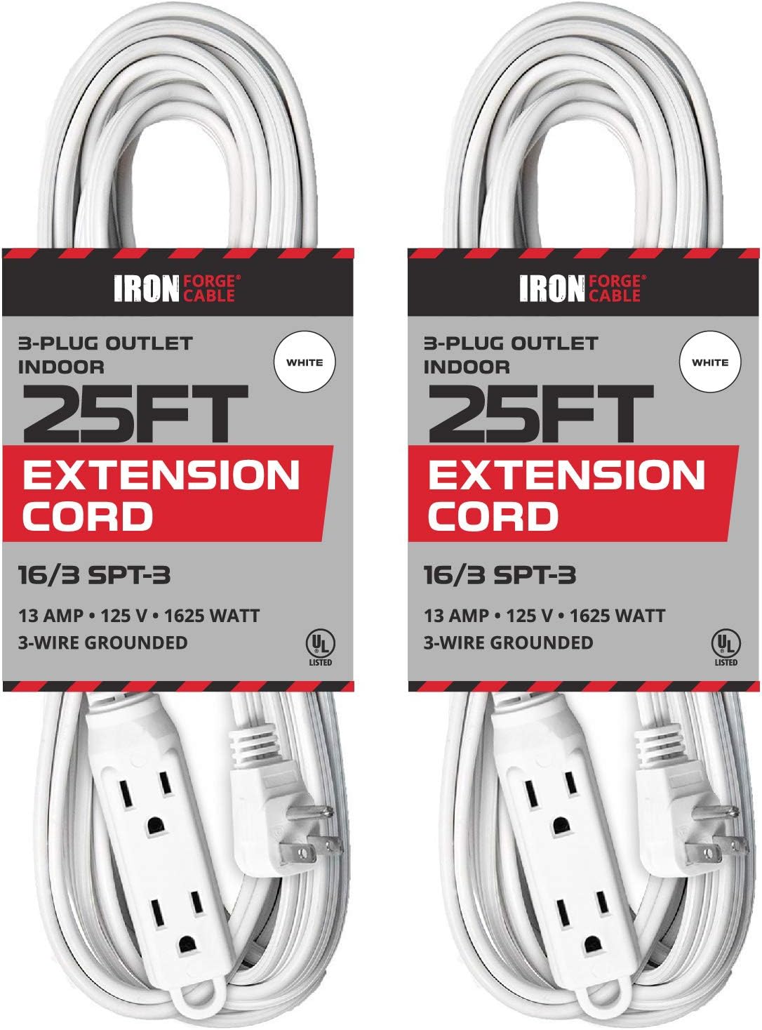 Iron Forge Cable 2 Pack of 3 Outlet Flat Plug White Extension Cord 25 ft, 16/3 Power Strip Flat Cable Indoor Extension Cord with Multiple Outlets 3 Prong, 13 Amp Power Cable for Home, Office & Lamps