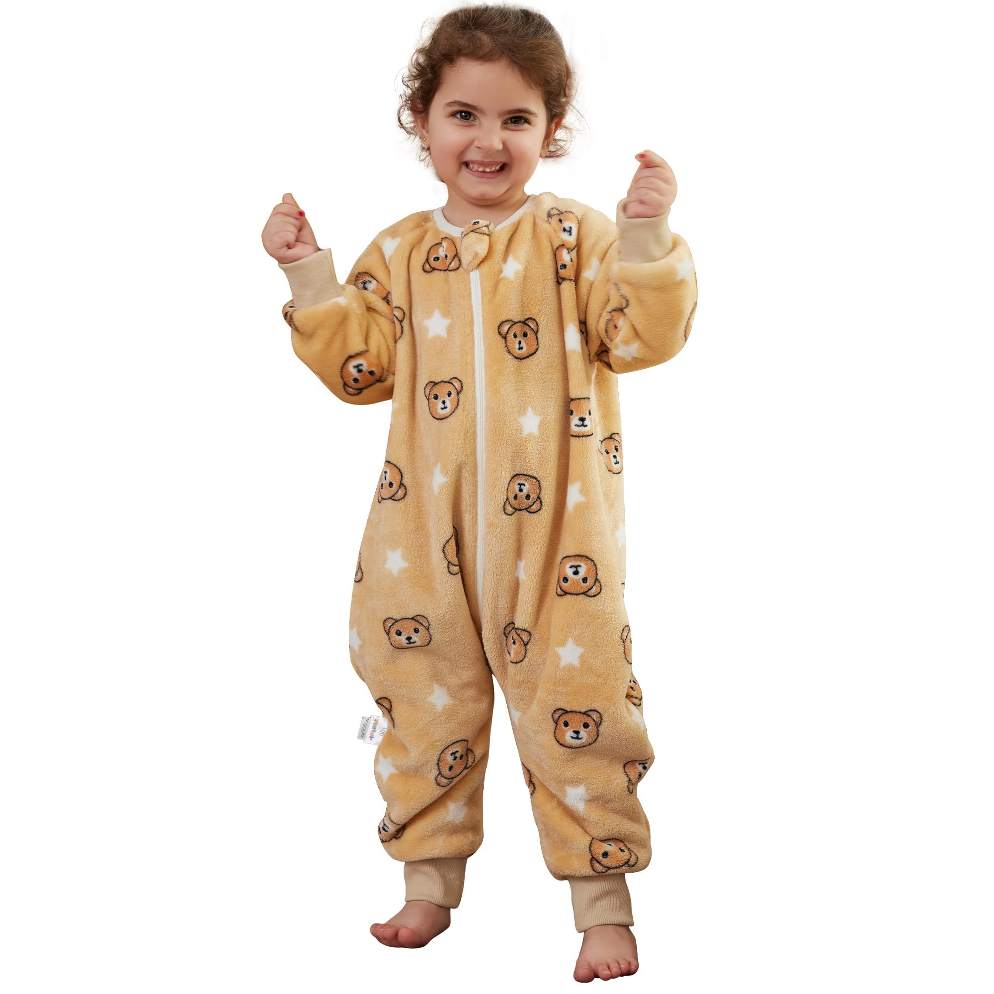 COOKY.D Unisex Baby Girls Boys Flannel Long Sleeve Sleeping Bags with Legs Toddler Triple Zipper Cartoon Wearable Blanket,Brown 2-3 Years
