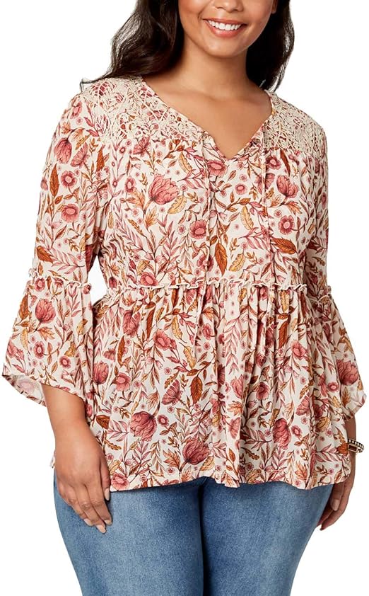Style & Co Plus Size Printed BellSleeve Peasant Top (1X, Brulee