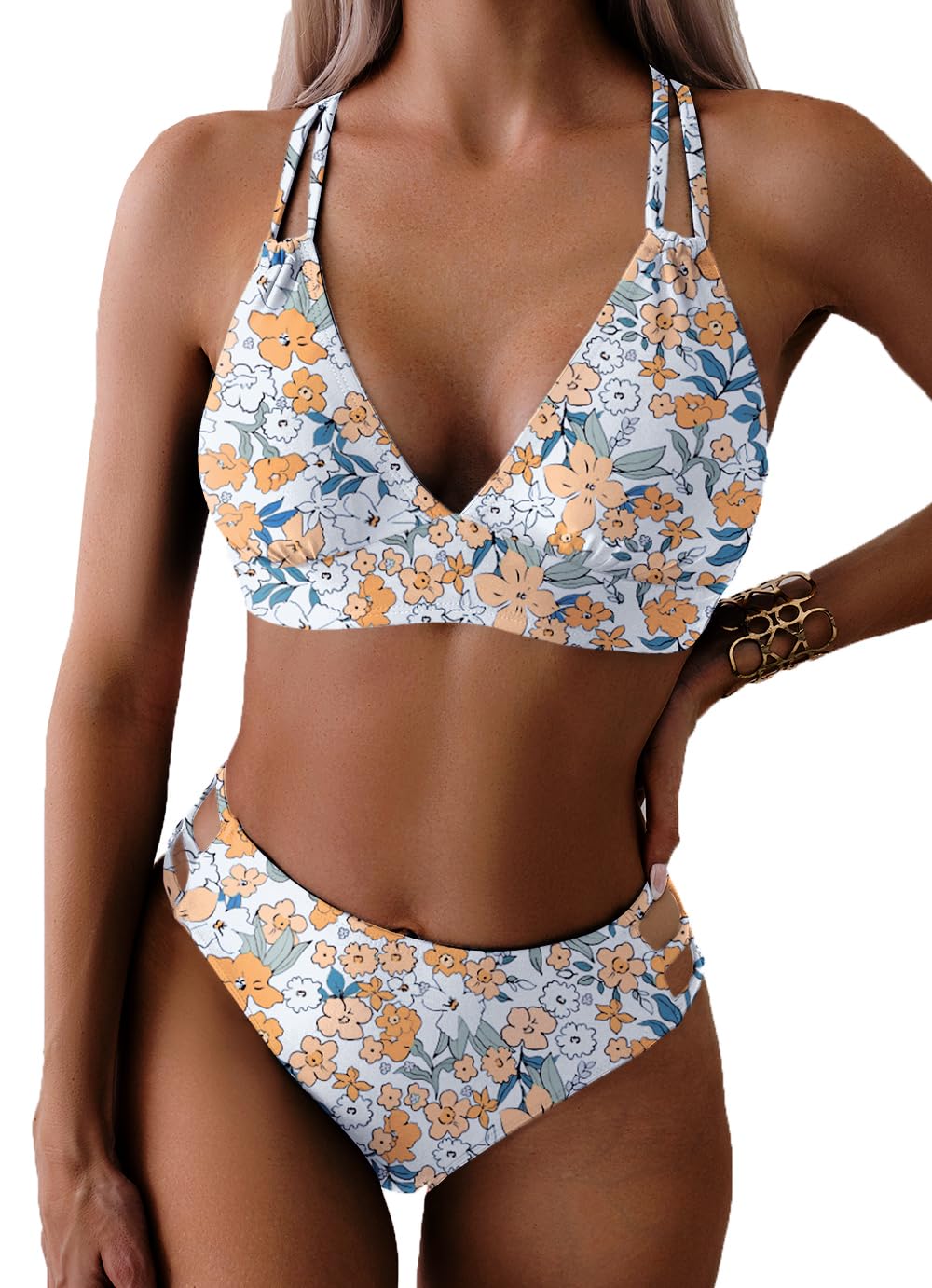 Photo 1 of Tainehs Women's Push Up V Neck Bikini Sets Criss Cross Back Two Piece Bathing Suit Yellow Floral