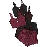 GORGLITTER Women's 6 Pieces Pajamas Set Ribbed Knit Sleeveless Crop Cami Top and Shorts Sleepwear