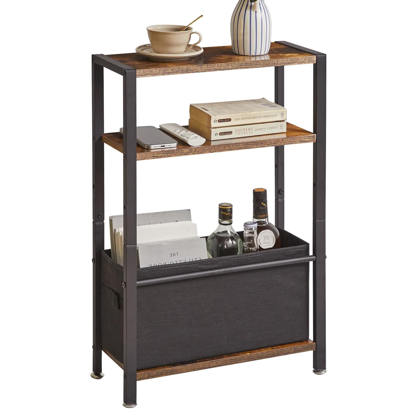 Aibiju Side Table,3-Tier Small Narrow Side Table with Storage Shelf,Slim End Tables with Fabric Basket for Narrow and Small Spaces,Rustic Brown,YD-TM052H