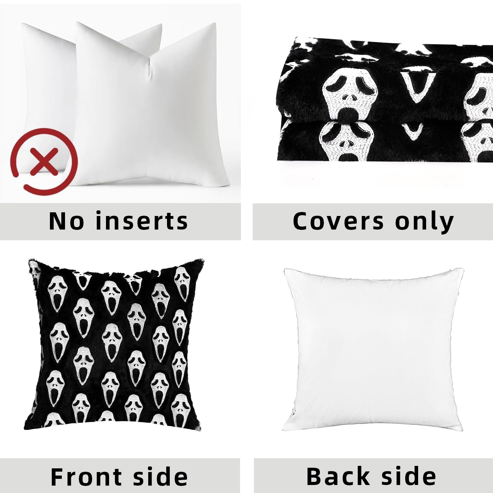 Halloween Scream Ghost Pillow Covers Set of 2, 18x18 Decorative Ghost Throw Pillowcases Soft Plush Faux Wool Cushions for Home Patio Sofa Couch (Ghost Black)