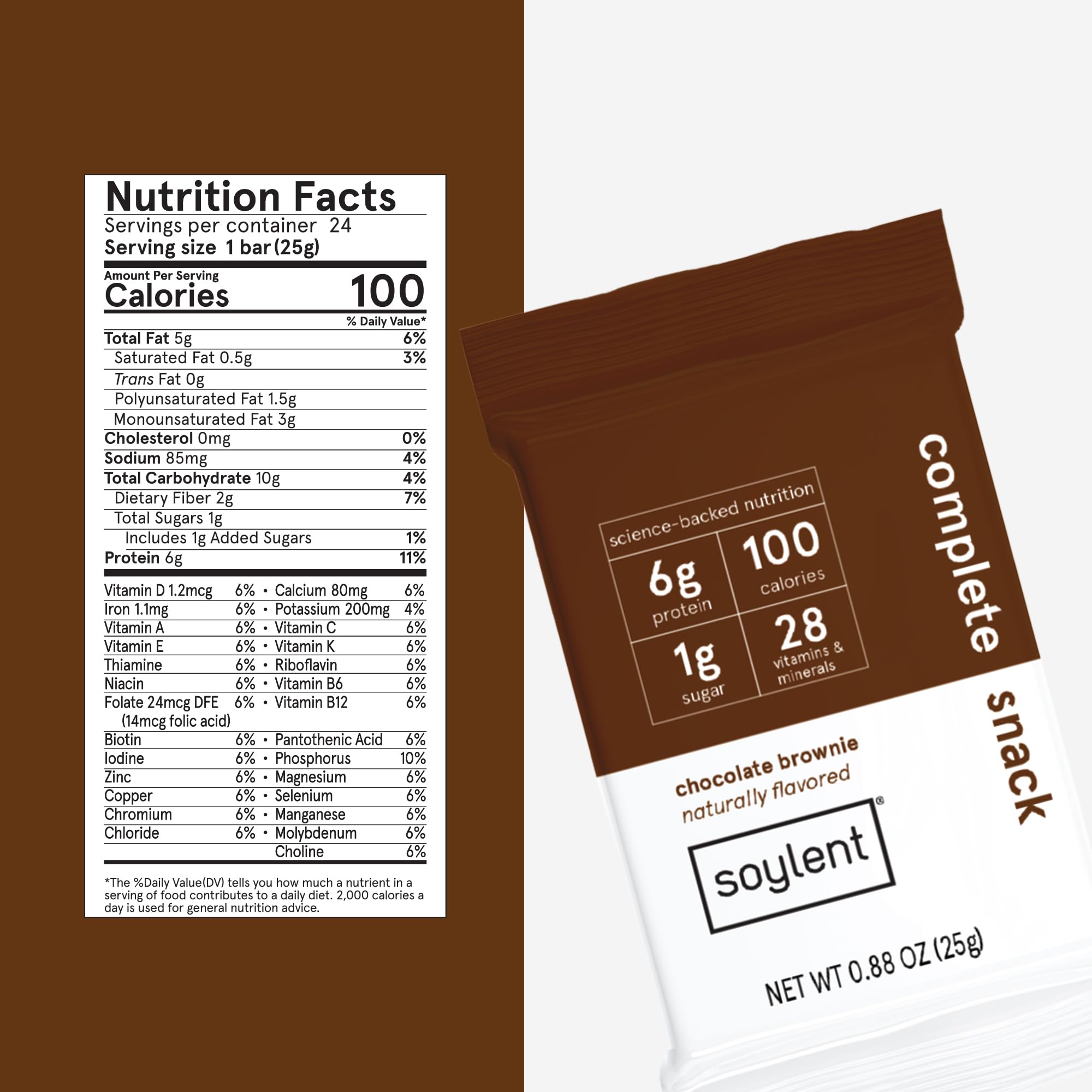 Soylent Snack Mini Protein Bars - Chocolate Brownie, 1g sugar, Protein Bars, Gluten Free, 6g of Vegan Energy - 24 count