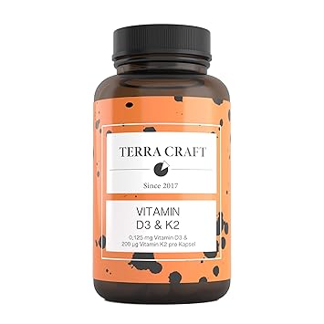 Vitamin D3 + K2 hochdosiert von TerraCraft™ | Sonnenvitamine D3 5000 I.E + K2 200mcg Menaquinon MK7 Depot | 120 Kapseln
