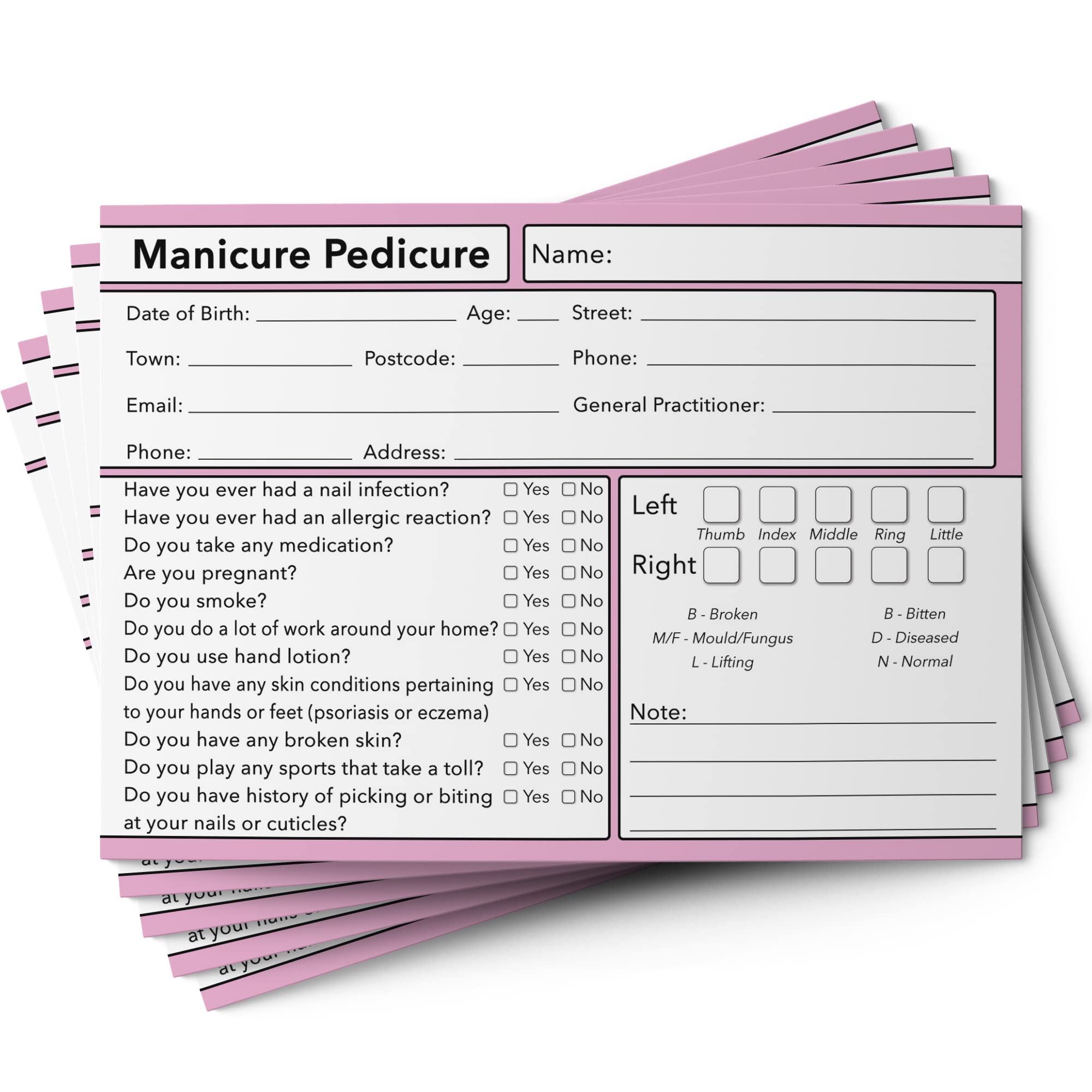 Manicure Pedicure Nail Client Cards GDPR A6 Size - Salon and Therapist Customer Consultation Record - Treatment Services Essentials - Profile and Recording Forms - 105x148mm - Pack of 25