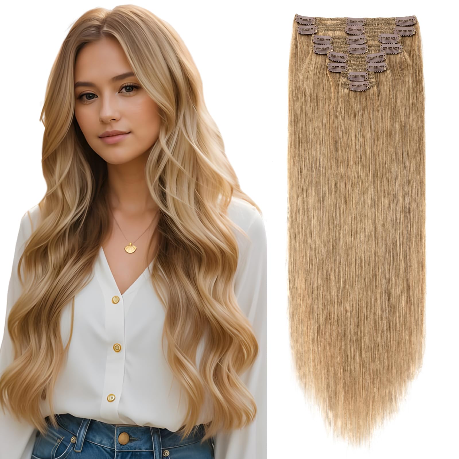 Elailite Double Weft Hair Extensions Clip in Human Remy Hair - 8 Pieces Straight Full Head (20"-150g, #27 Dark Blonde) — image 1