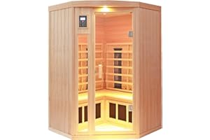 KUNSANA Ceramic Infrared Sauna 2-3 Person Infrared Saunas for Home Low EMF Indoor Home Sauna Spa Hemlock Wooden Corner Sauna Room with Bluetooth Speakers, LED Reading Lamps, Chromotherapy Lights