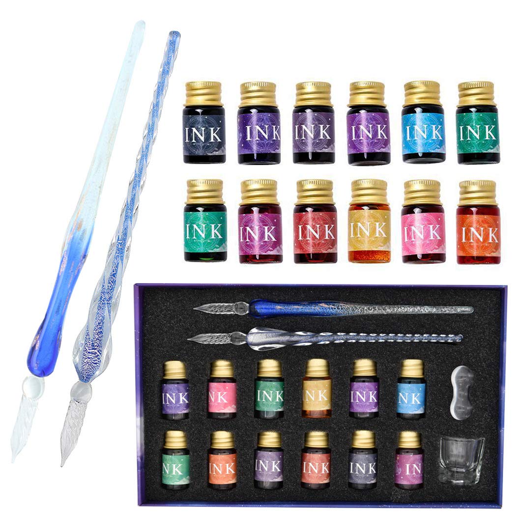SIPLIV Handmade Glass Dip Pen Ink Set, Crystal Sparkling Signature Drawing Calligraphy Writing Pen, 16 Pcs Gift Set with 12 Colors Ink, 2 Glass Pen, Cleaning Cup and Pen Holder - Blue