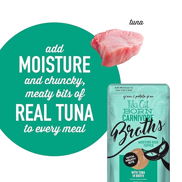 TIKI CAT BORN CARNIVORE BROTHS, TUNA RECIPE, HYDRATION AND FLAVOR SUPPLEMENT CAT FOOD TOPPER, 1.3 OZ. POUCH (PACK OF 12)