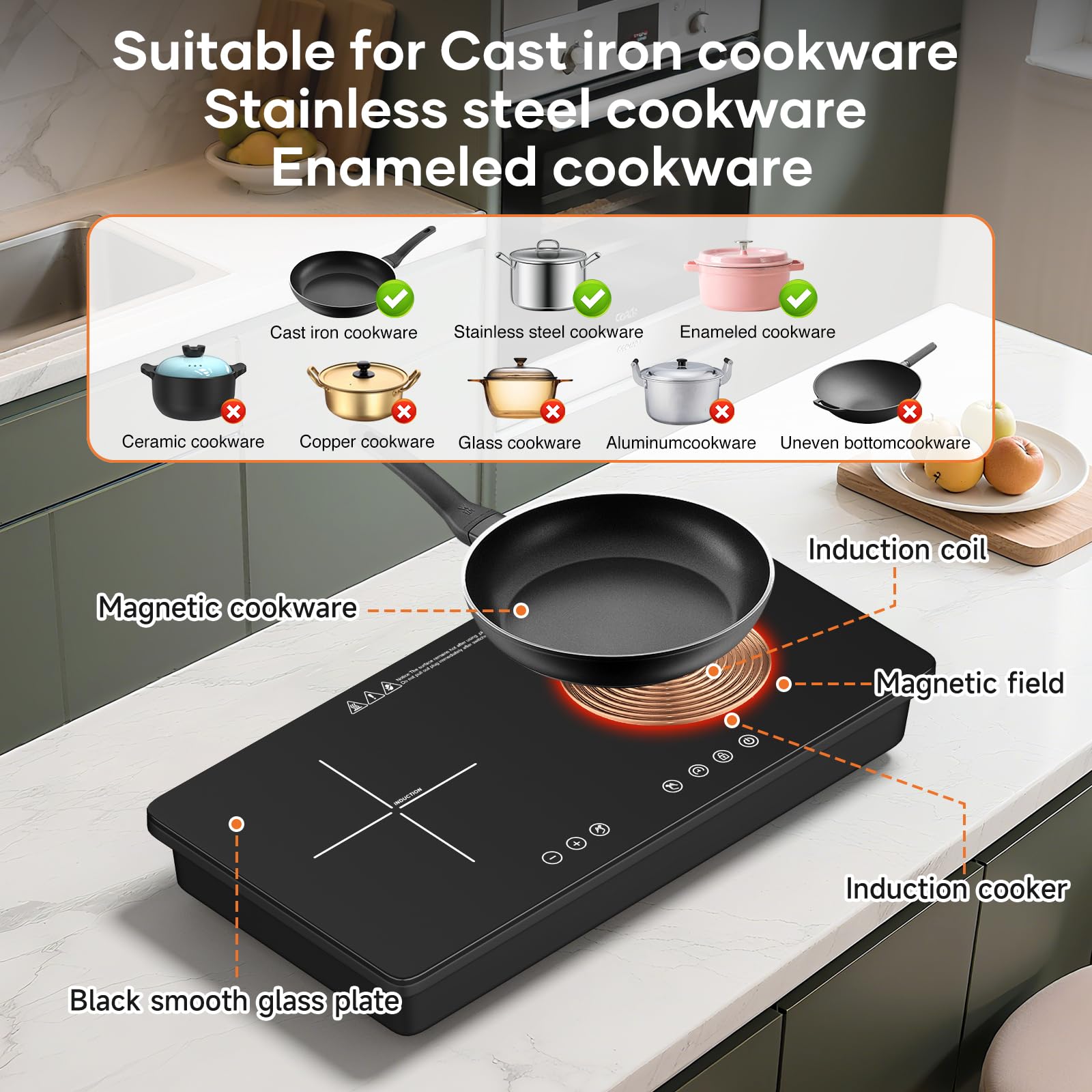 VoltCuisine 1800W Dual Induction Cooktop – Compact 2-Burner Electric Stove, 9 Power Levels, Touch Control, Timer & Safety Lock, Ideal for Apartments, RVs, and Small Kitchens