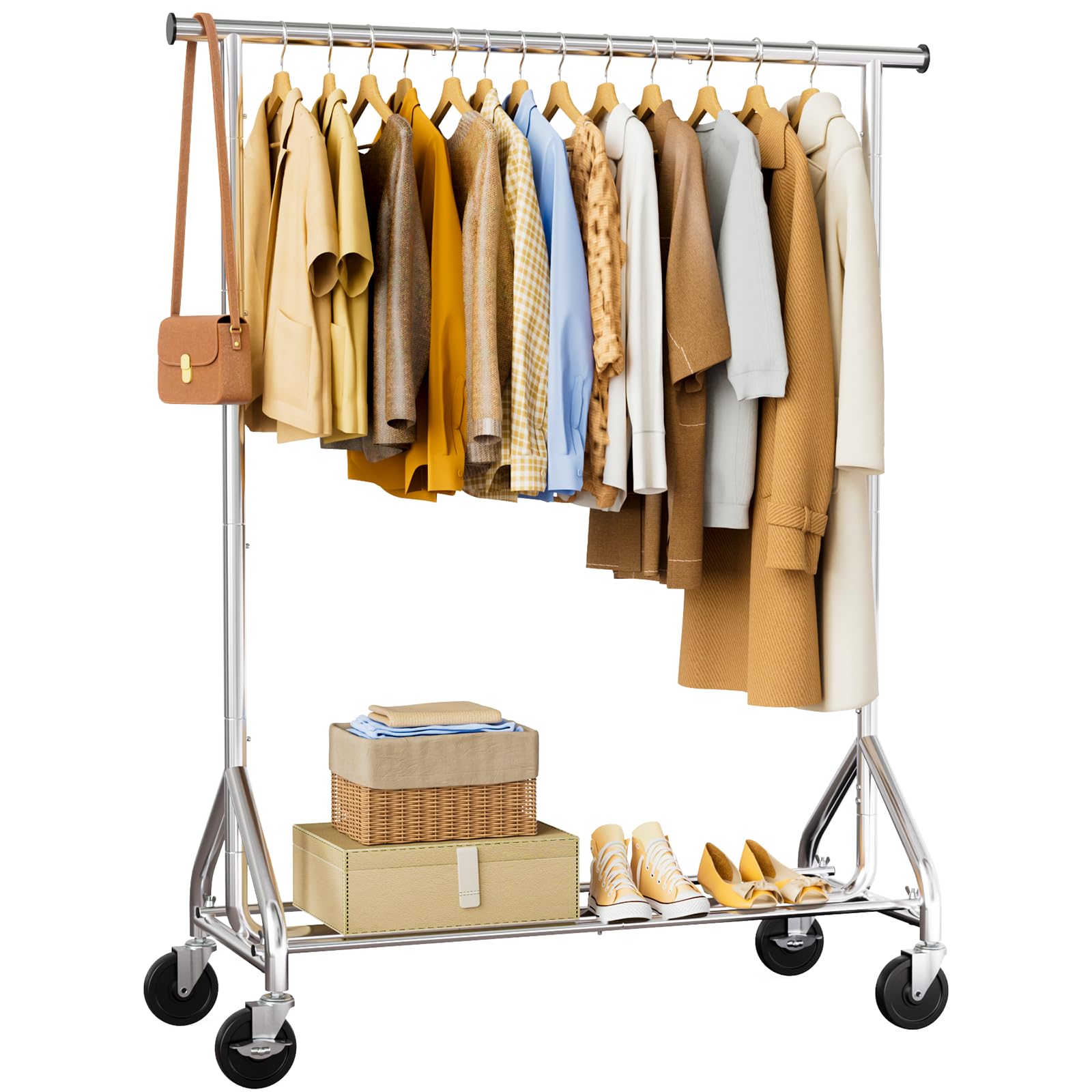 HYSEYY Clothes Rack, Rolling Clothing Rack for Hanging Clothes, Metal Portable Garment Rack with Sturdy Wheels, Coat Rack Wardrobe Closet Load 350 LBS for Bedroom Laundry Room (Sliver, S)