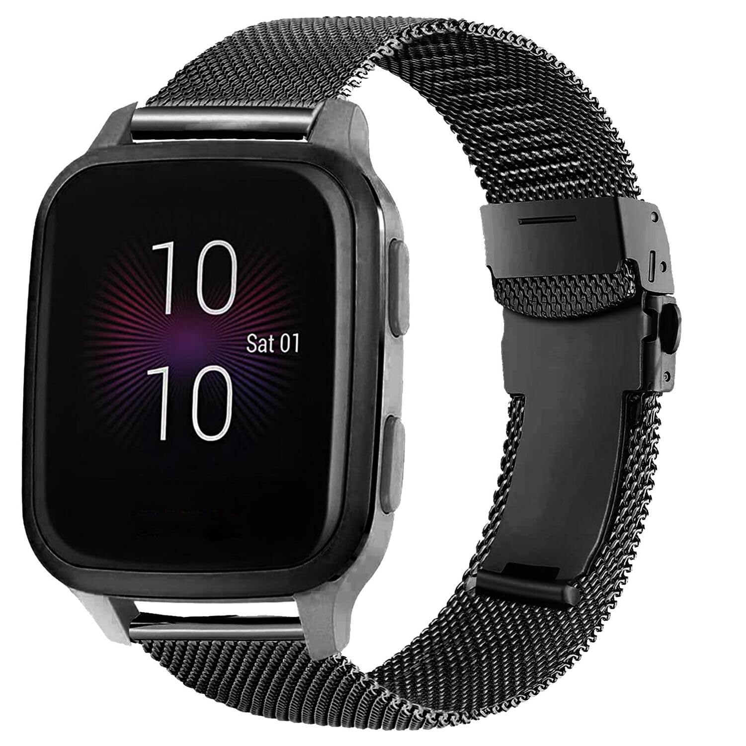 ahayo 20mm Watch Strap for Garmin Venu Sq/Venu 2 Plus/Vivoactive 3, Metal Mesh Stainless Steel Wrist Band with Double Fold-Over Clasp for Garmin Vivomove Sport, Approach S40 (Black)