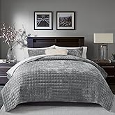 RECYCO Luxury Velvet Quilt Set King Size, Lightweight Velvet Comforter Set, Oversized Bedspread Coverlet Quilted Bedding Set, with 2 Matching Pillow Shams, for All Season, Gray