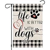 CROWNED BEAUTY Life Is Better with Dogs Garden Flag 12x18 Inch Double Sided Buffalo Plaid for Outside Yard