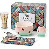 ENNJO 7 Pcs Matcha Whisk Set, Includes Heart Shaped Matcha Bowl with Spout, Holder And Rest, Bamboo Whisk And Scoop, Stainless Steel Sifter, Tea Towel. Complete Matcha Kit for Beginners And Gifts