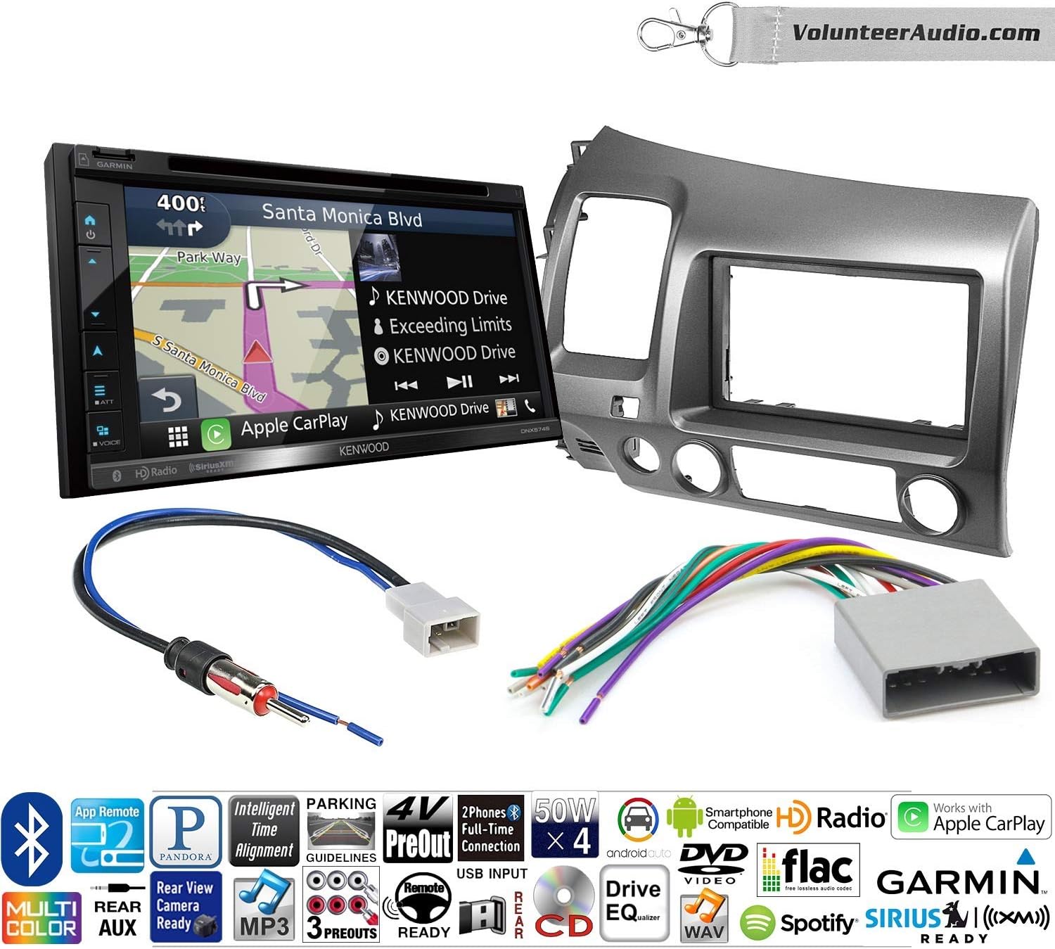 Volunteer Audio Kenwood DNX574S Double Din Radio Install Kit with GPS Navigation Apple CarPlay Android Auto Fits 2006-2011 Honda Civic (Dark Atlas Grey)