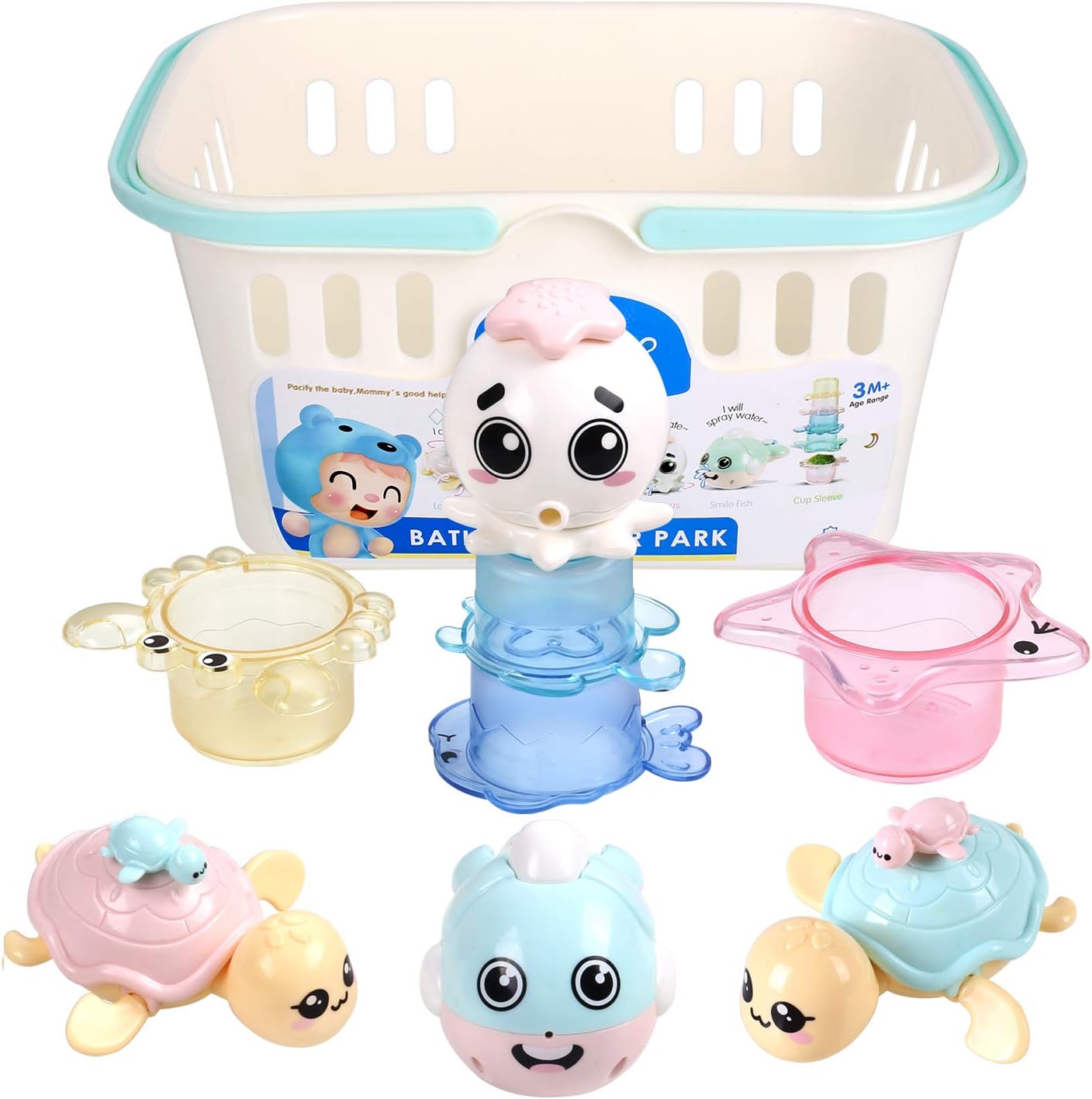 Pedy Baby Floating Pool Toys Stacking Cups, Clockwork Bath Toys Turtle, Water Spray Octopus, Baby Bath Toys Set Tub Toys Organizer, Baby Bath Gift for Toddlers, Infant, Girls, Boys, Kids, 8pcs (Pink)