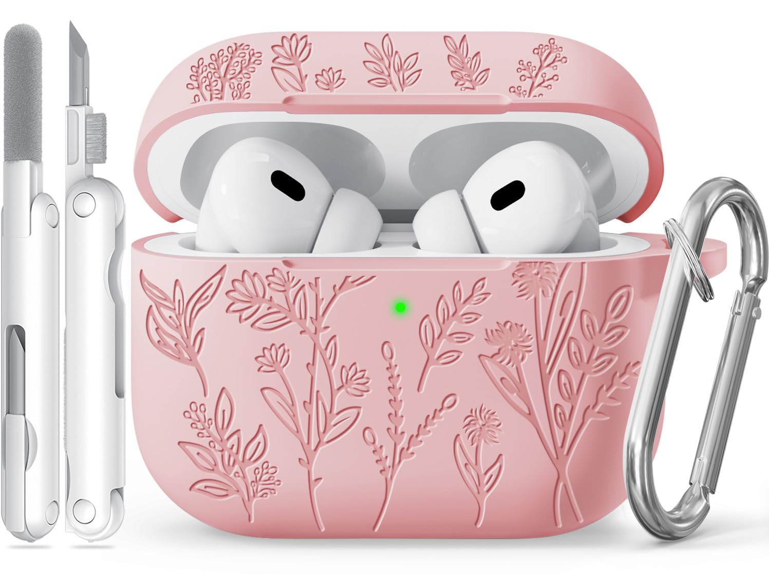 Flower Engraved Case for Apple AirPods Pro 2 Gen with Clean Kit,Soft Silicone Protective Case Cover for AirPods Pro 2nd/1st Generation AirPod Case Carabiner,Front LED Visible,Pink